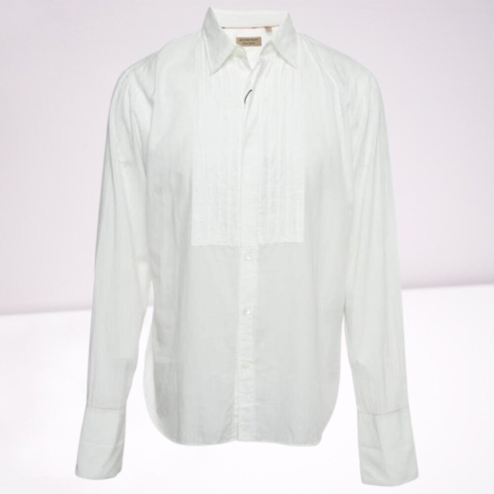 Burberry NEW Men White Pintuck Cotton Button Front Long Sleeve Shirt M With Flaw